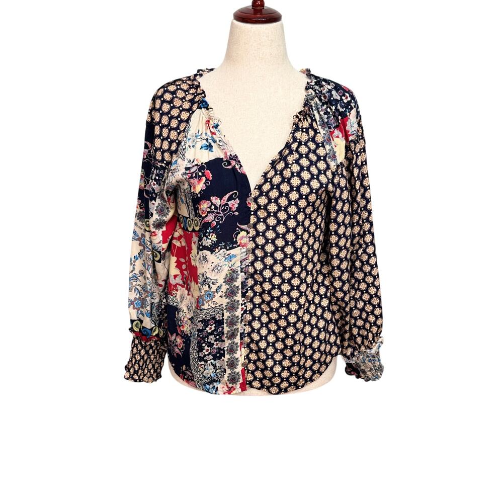 Shannon Passero mixed print long full sleeve open neck tunic top blue white Sz M